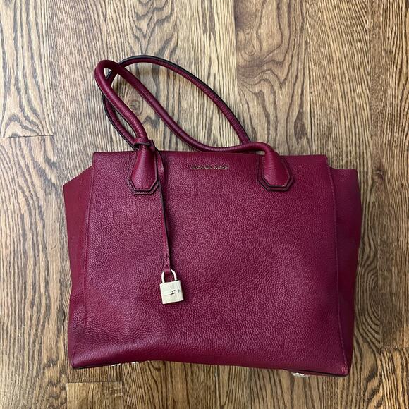 Michael Kors Mercer Accordion Tote Bag Women's Large Burgundy Pebbled Leather - Picture 1 of 10